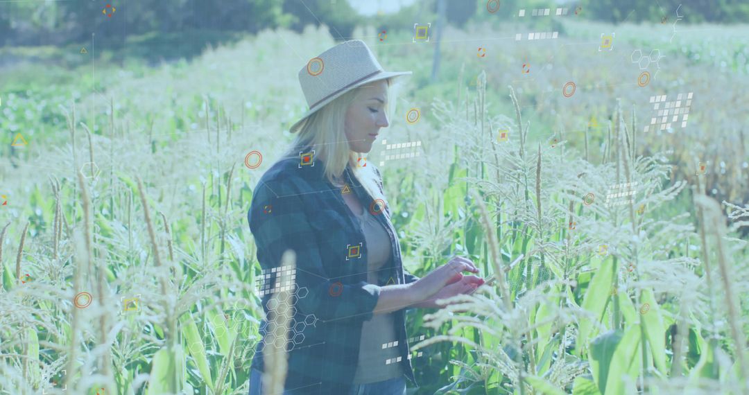 Female Farmer Monitoring Corn with Digital Graphics Enhancements