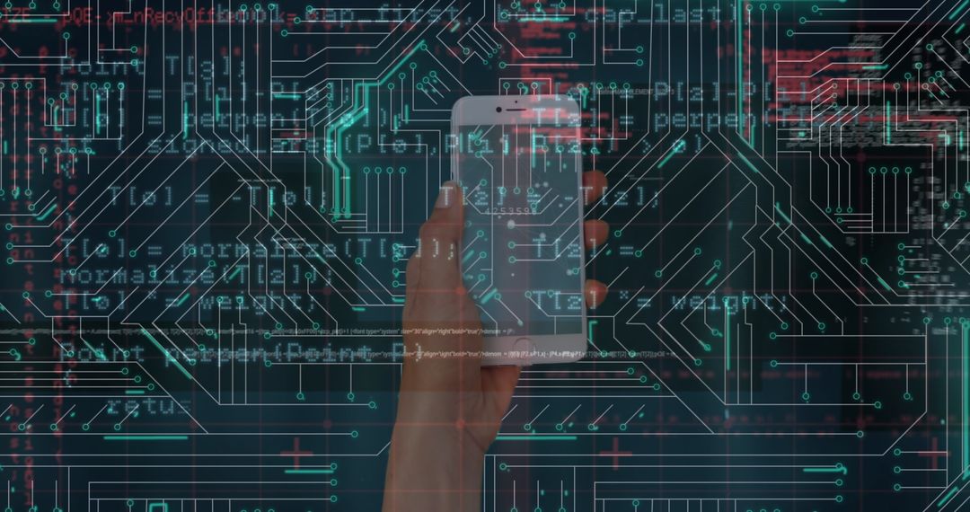 Hand Holding Smartphone with Data Processing Overlay