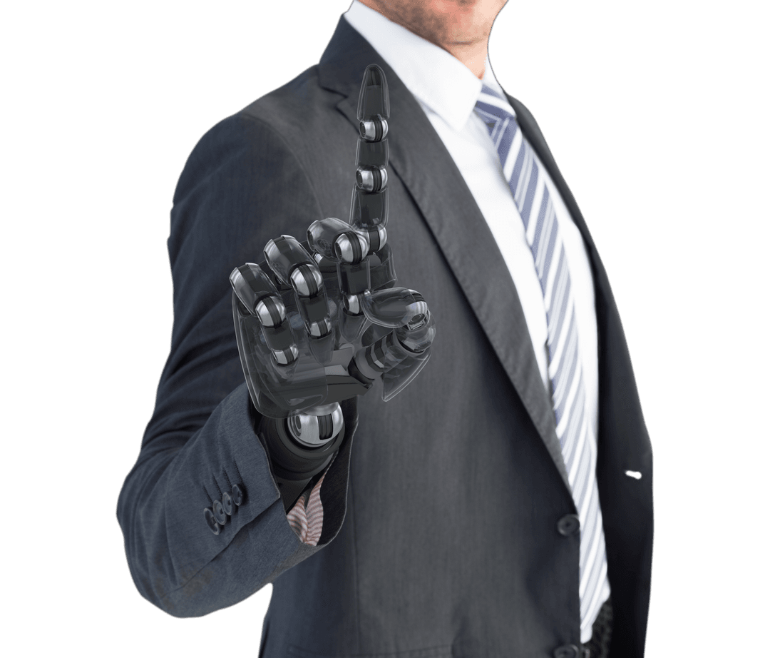 Businessman with Robotic Hand Making Progress Gesture Transparent