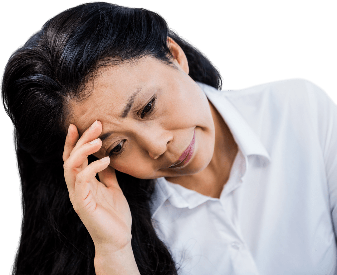 Transparent Concerned Woman Reflecting with Hand on Head