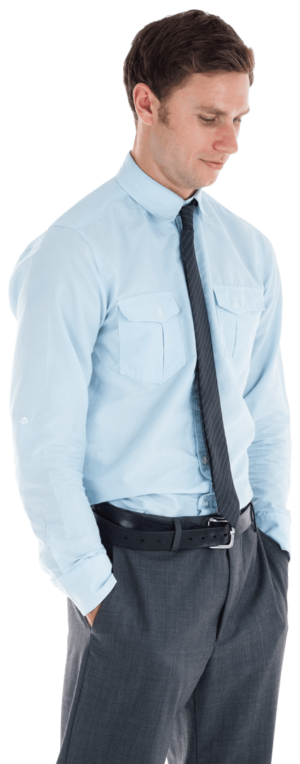 Businessman in Light Shirt Looking Thoughtful Hands in Pockets Transparent Background