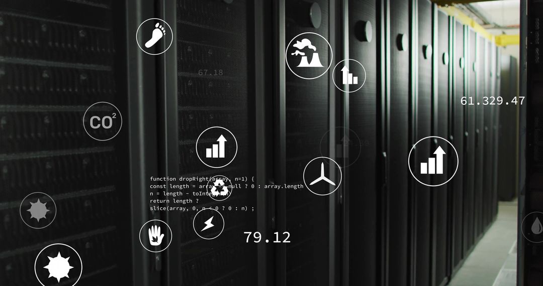 Dark datacenter aisle displaying telemetry overlay with energy metrics and server HUD