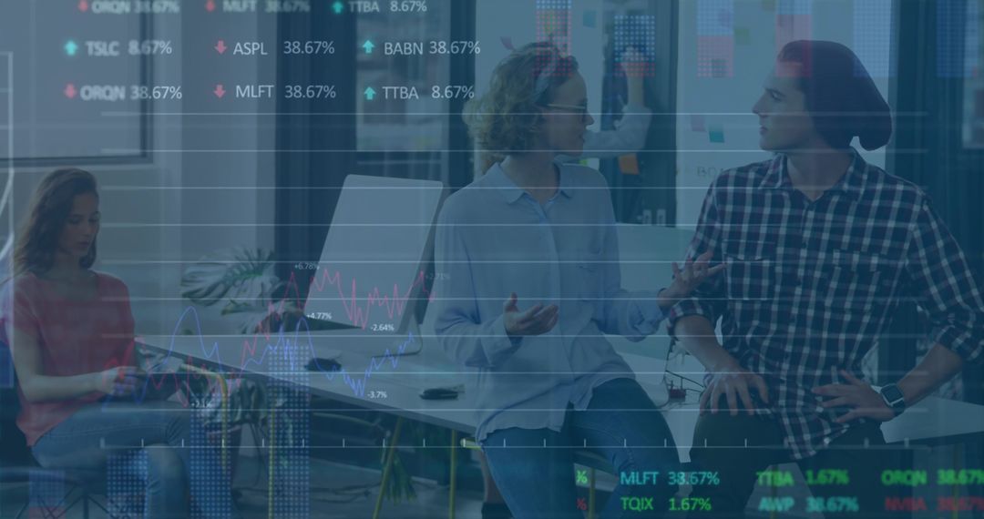 Team Discussing Data Insights in Open Office with Laptop, Tablet, Financial Charts