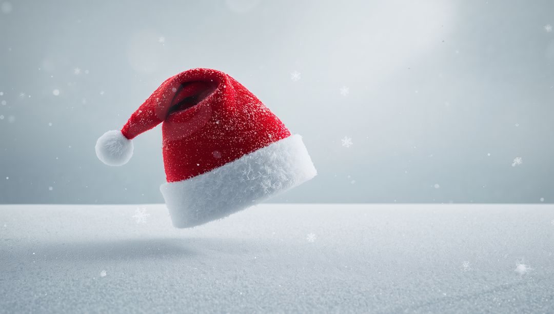 Floating Santa hat hovering over snowy surface with falling snowflakes, minimal holiday concept