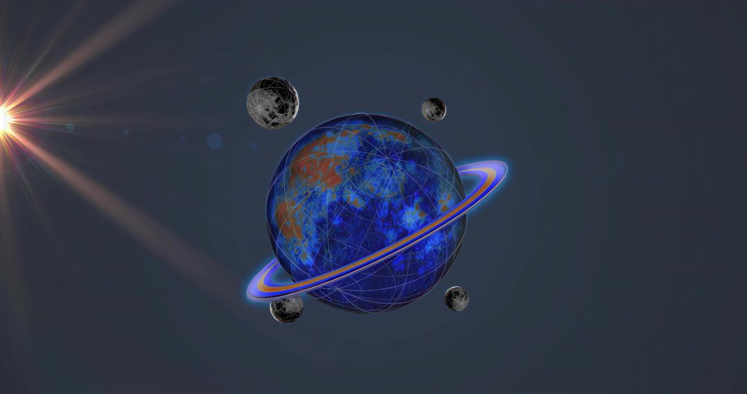 Futuristic Blue Planet with Rings and Orbiting Moons in Space