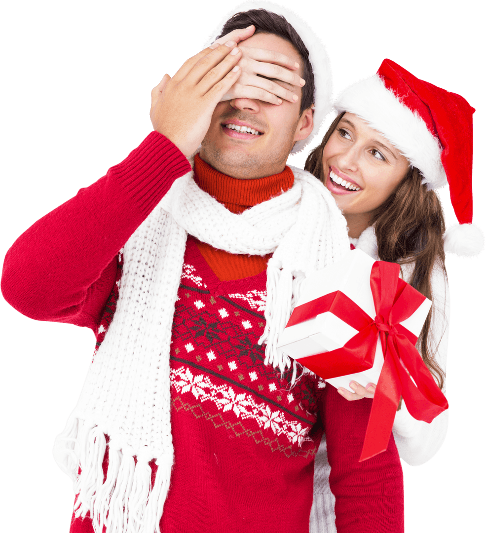 Festive Couple With Christmas Gift and Red Sweaters Transparent