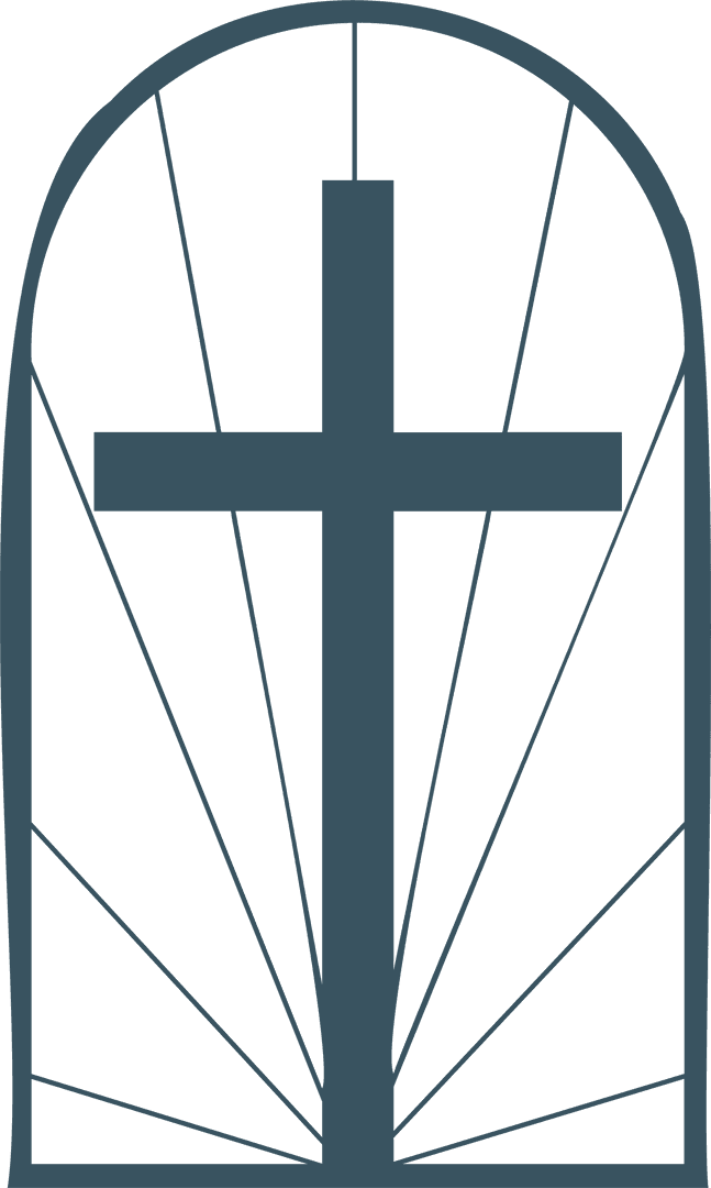Christian cross icon in gothic arch with radiating rays transparent background