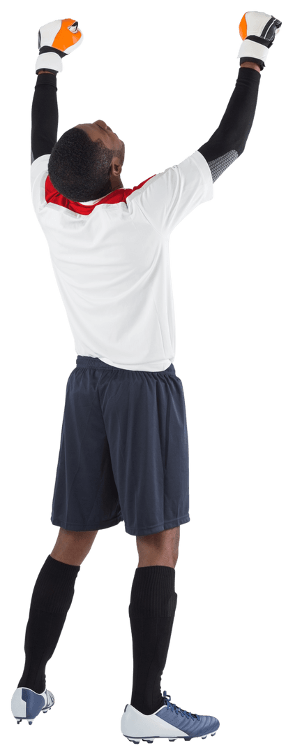 Excited Goalkeeper in White Cheering with Raised Gloves Transparent Background