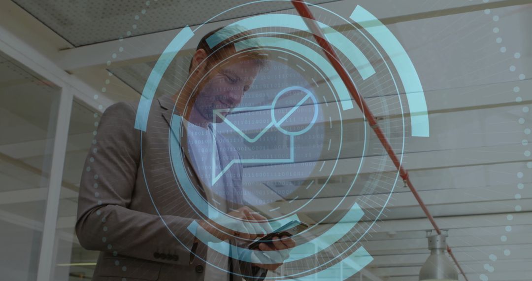 Businessman Harnessing Technology with Digital Messaging Interface