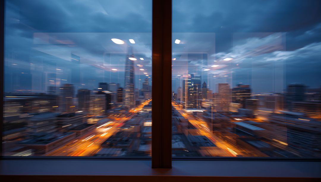 High-rise window framing skyline at dusk with glowing light trails and glass reflections