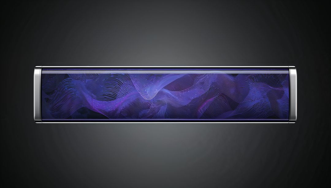 Ultra-wide Curved OLED Display Featuring Metallic End Caps and Purple Wave Graphics