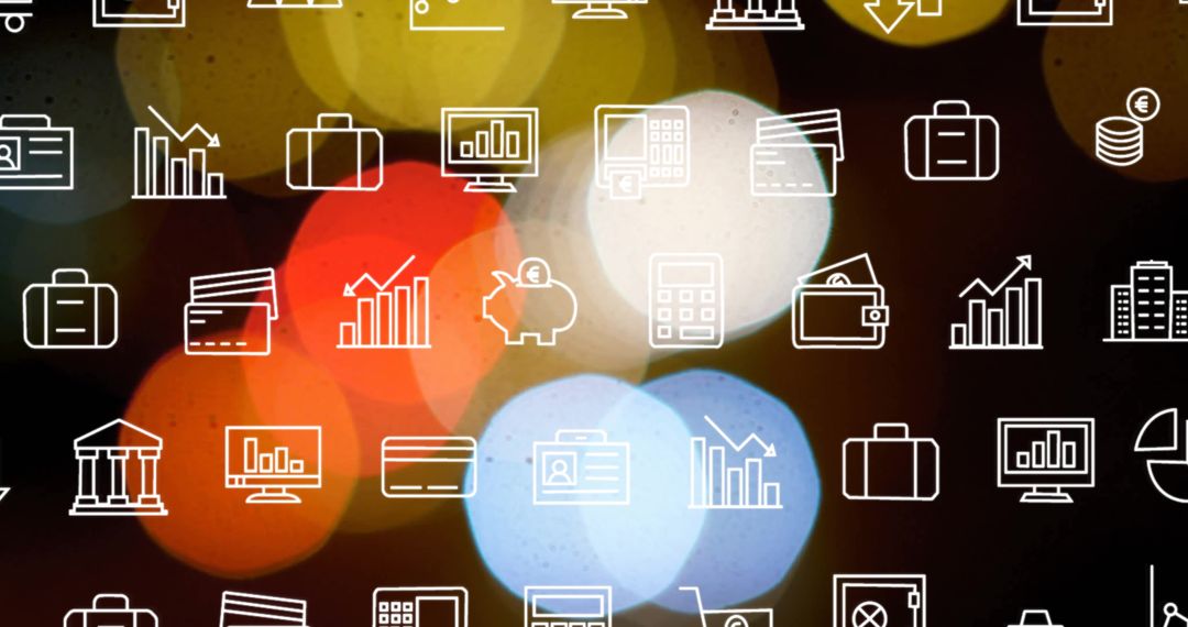 Digital Financial Icons with Abstract Colorful Lights Background