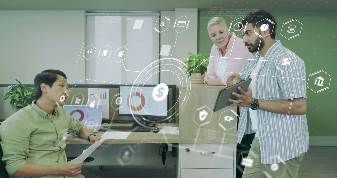 Team Analyzing Financial Charts with Augmented Data Interface in Modern Office
