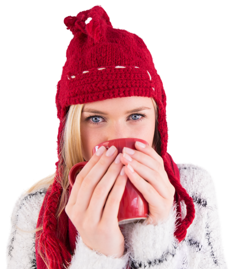 Transparent Cozy Festive Blonde Drinking Hot Beverage in Red Winter Hat - Download Free Stock Images Pikwizard.com