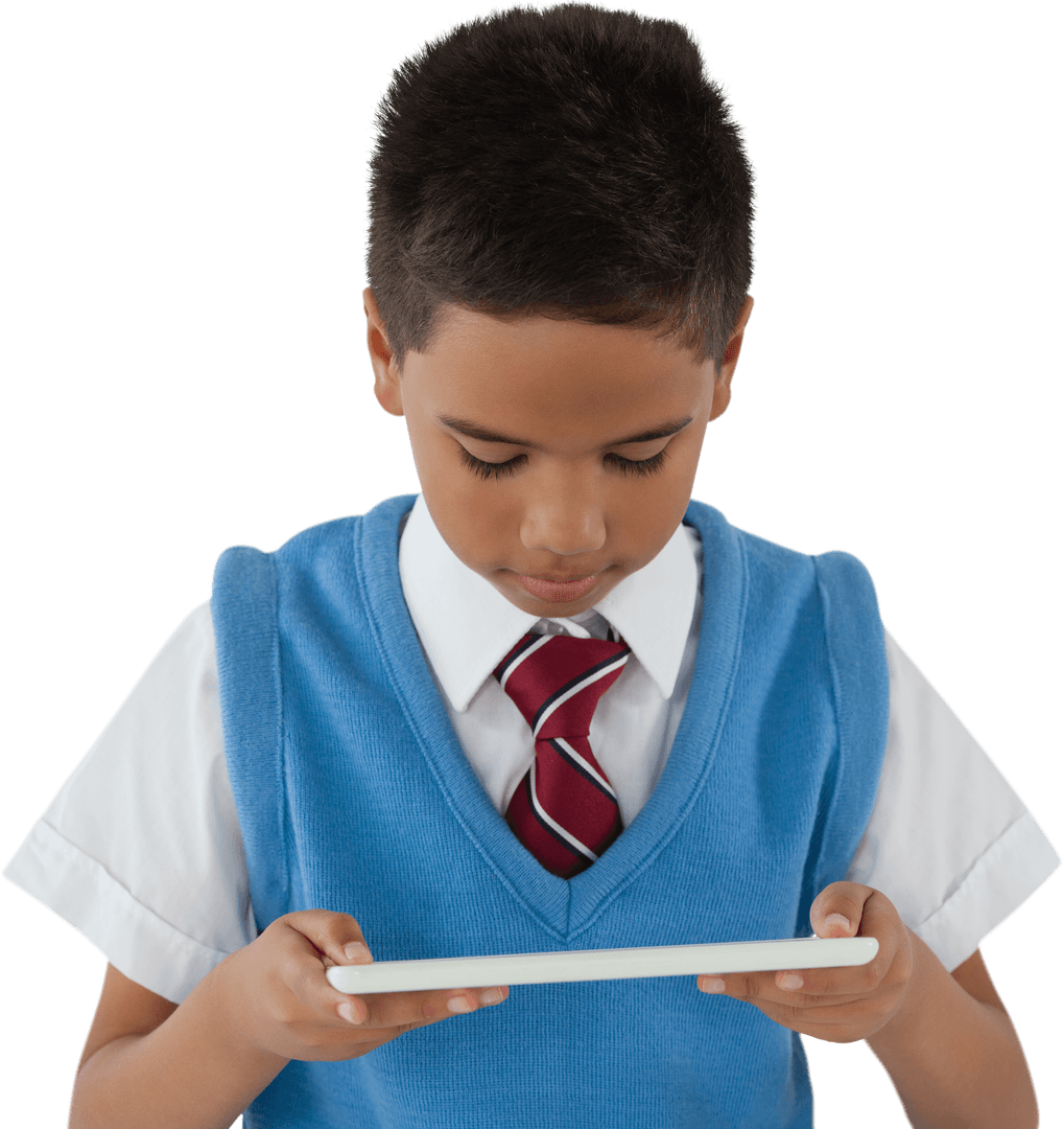 Young Boy Focusing on Digital Tablet in Blue Sweater Vest