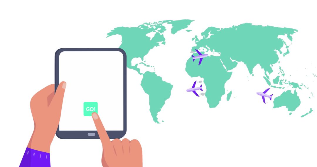 Hands Using Tablet for Air Travel Planning Global Map