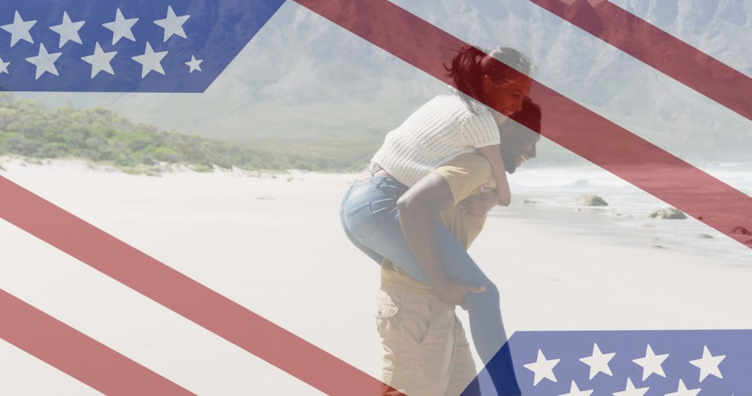 Couple on Beach with Patriotic Overlay Symbolizing Harmony