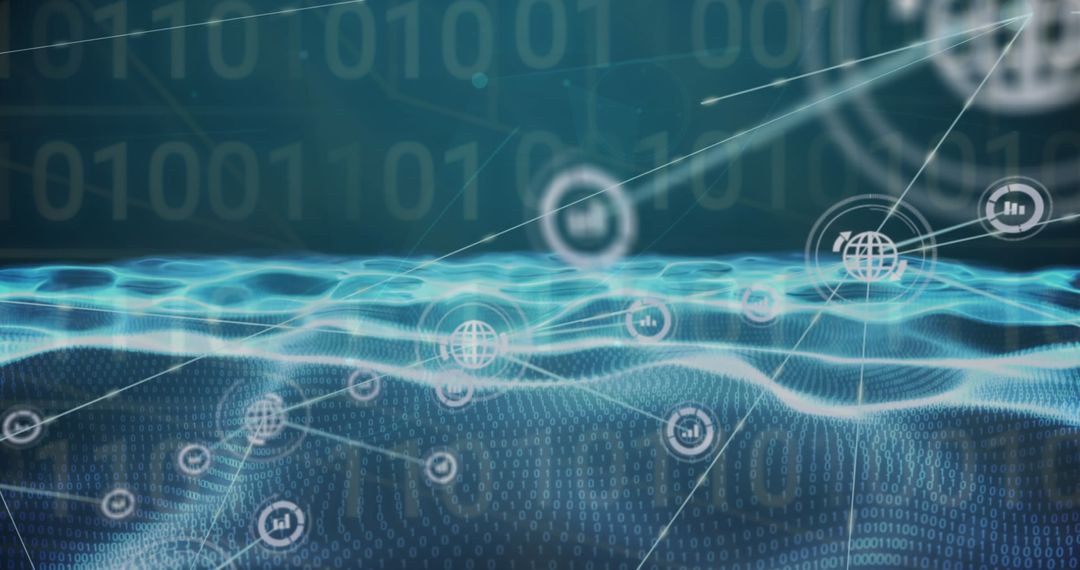 Connected Data Network with Futuristic Binary Grid Overlay