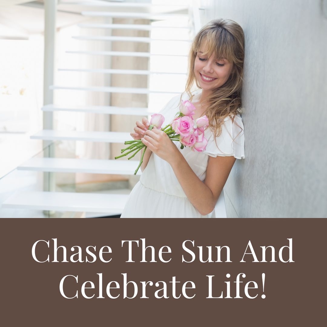 Joyful Woman Embracing Spring with Pink Flowers Indoors