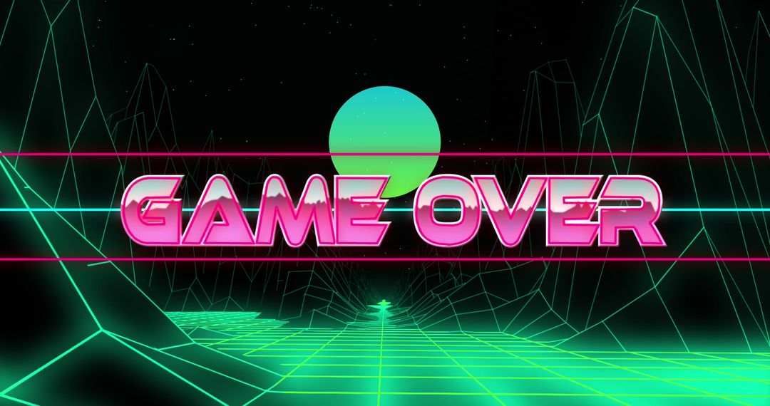 Retro Futuristic Game Over Screen with Digital Mountains