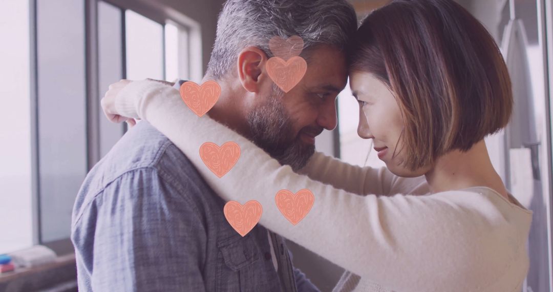 Diverse Couple Embracing with Hearts Symbolizing Love and Togetherness