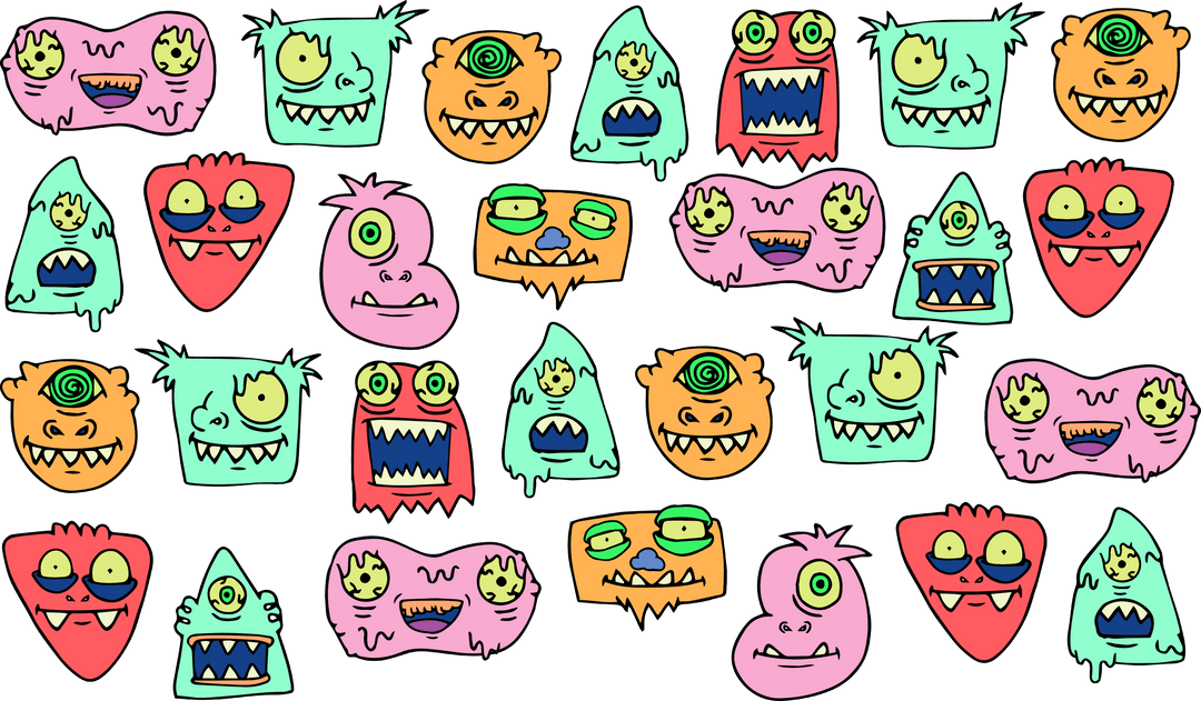 Transparent Cartoon Monster Faces Pattern Colorful Design