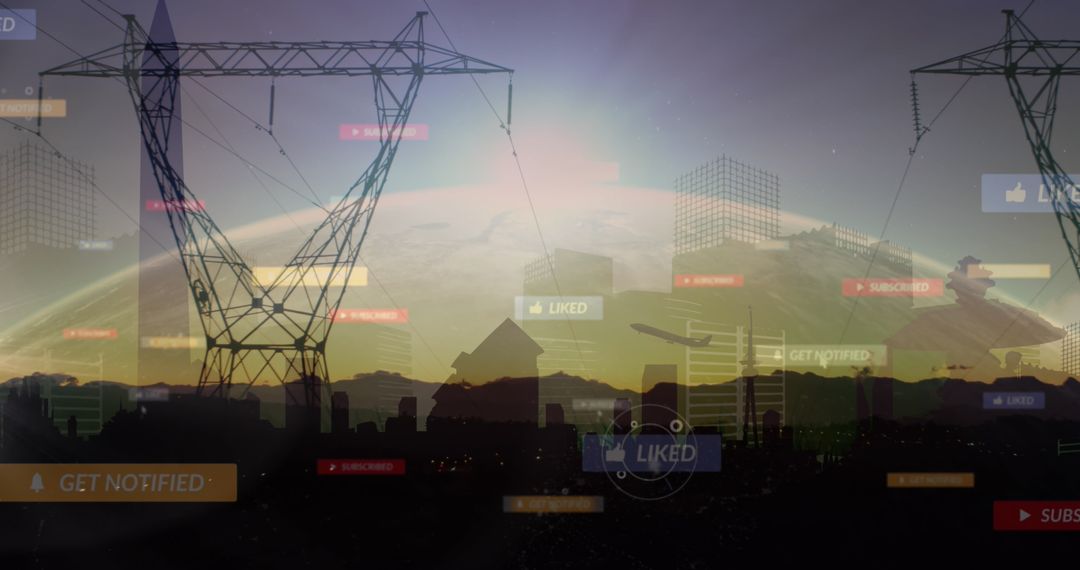 Futuristic Cityscape with Power Lines and Digital Overlays