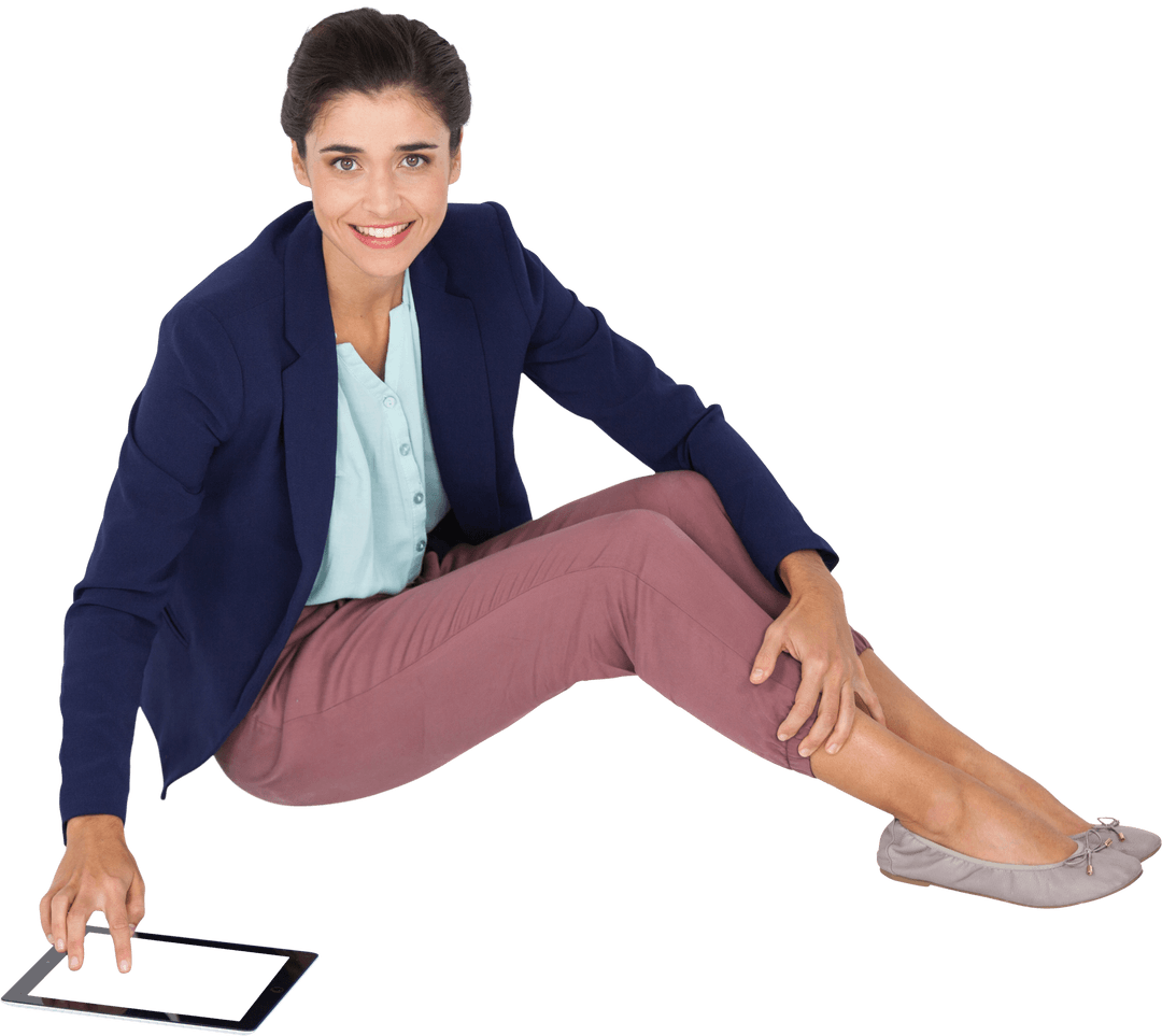 Transparent Businesswoman Sitting Using Digital Tablet Smiling Confident