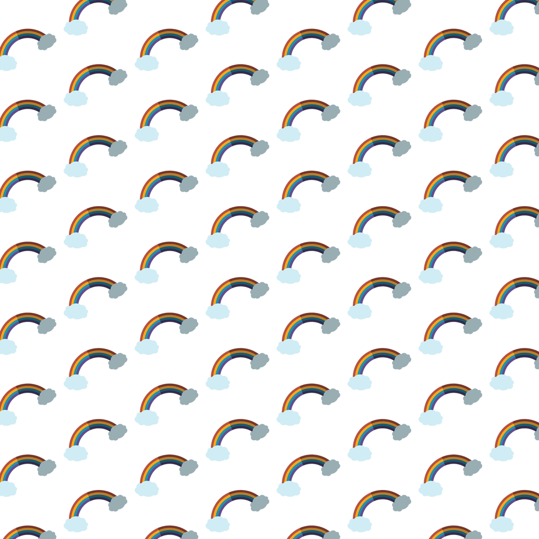 Seamless transparent pattern with colorful rainbows and fluffy clouds