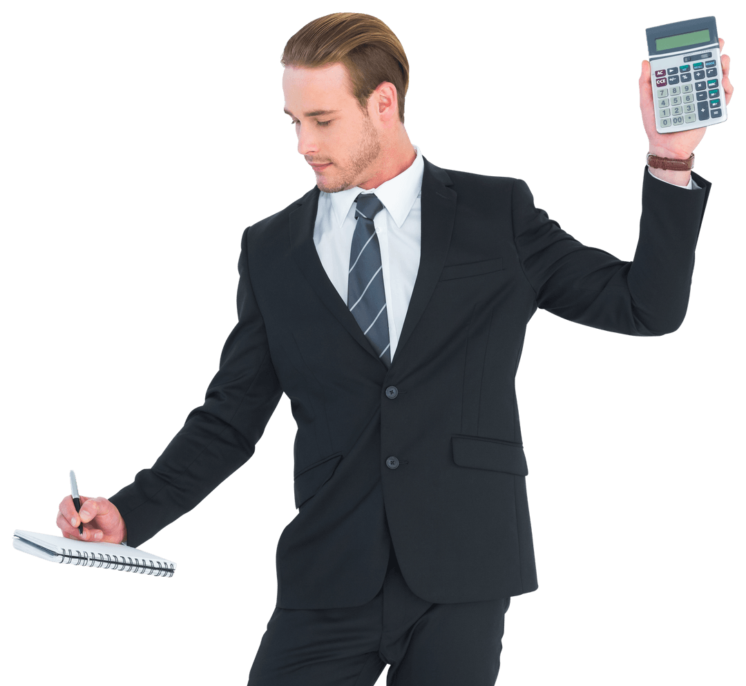 Businessman in Suit Holding Calculator on Transparent Background