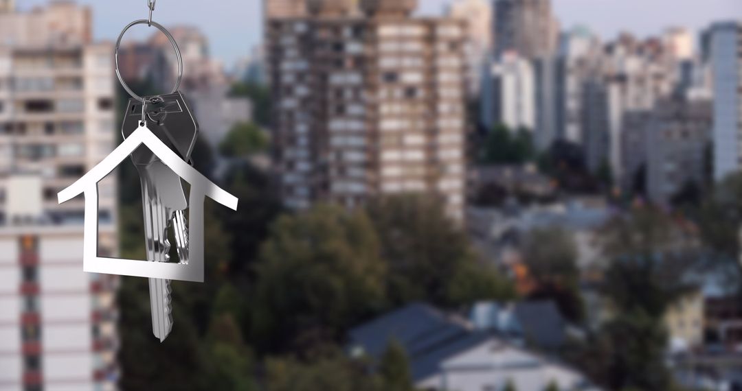 House Key with City Skyline in Background Symbolizing Urban Real Estate