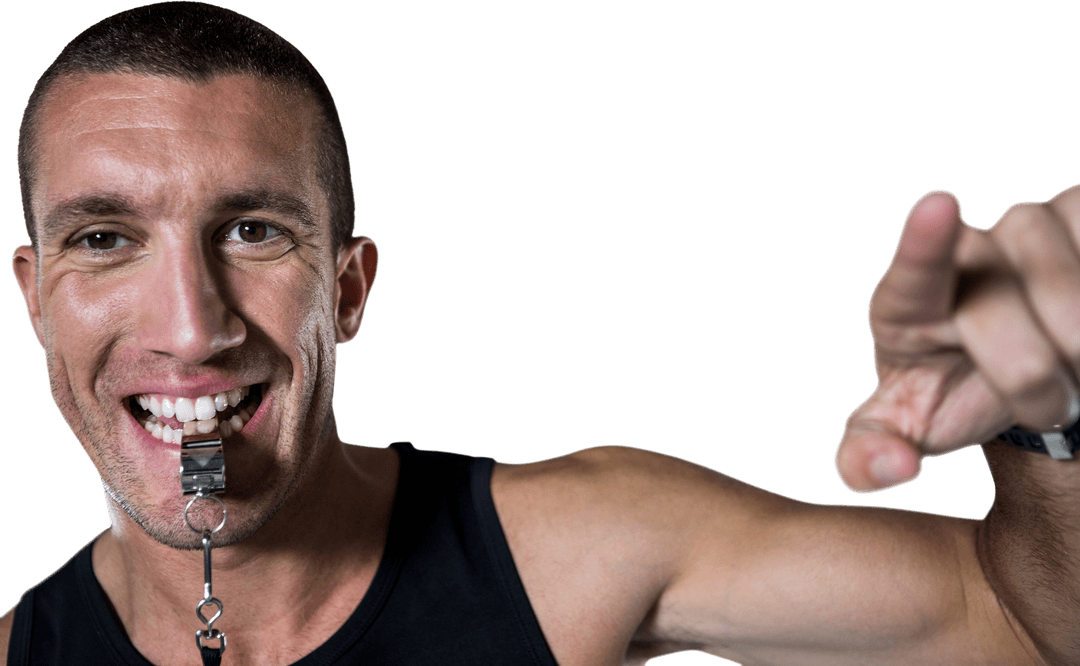 Close-up of Athletic Trainer Blowing Whistle on Transparent Background