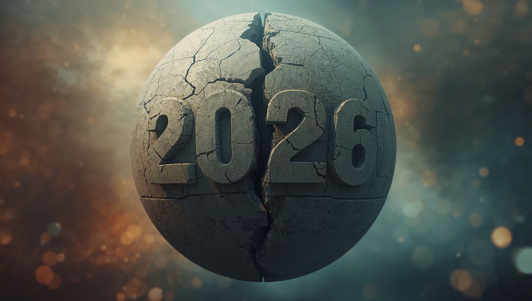 Cracked stone sphere engraved 2026 floating in cosmic haze with fissure and bokeh