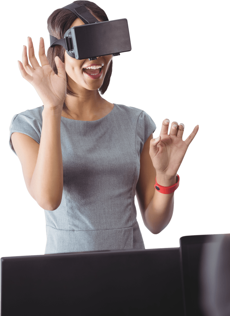 Caucasian Woman Enjoying VR Experience on Transparent Background