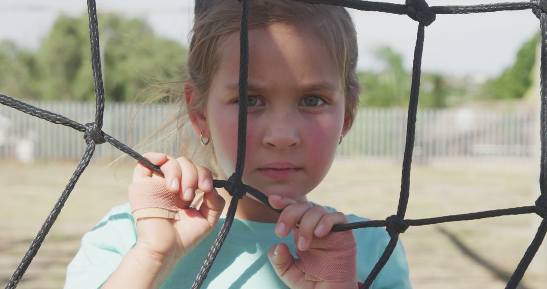 Determined Young Girl Holding onto Soccer Goal Net - Free Images, Stock Photos and Pictures on Pikwizard.com