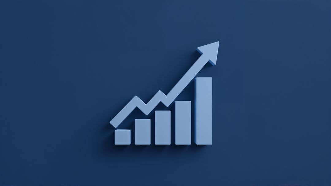 3D Bar Graph with Growth Arrow on Blue Background Demonstrating Progression