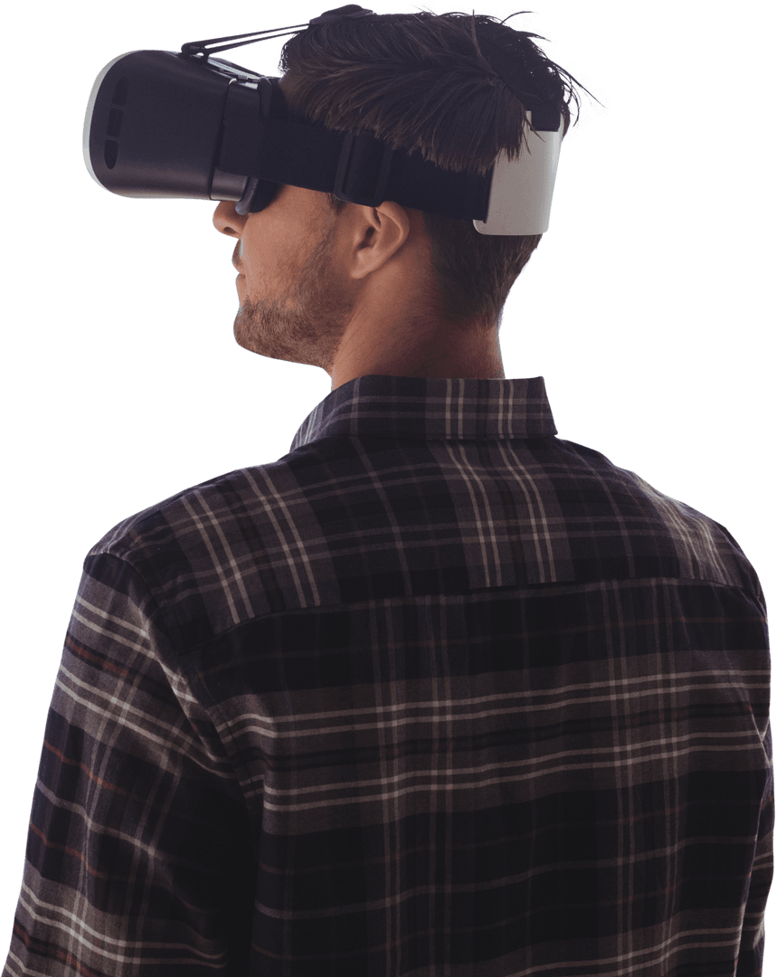 Young Man Using Virtual Reality Headset Looking Curious