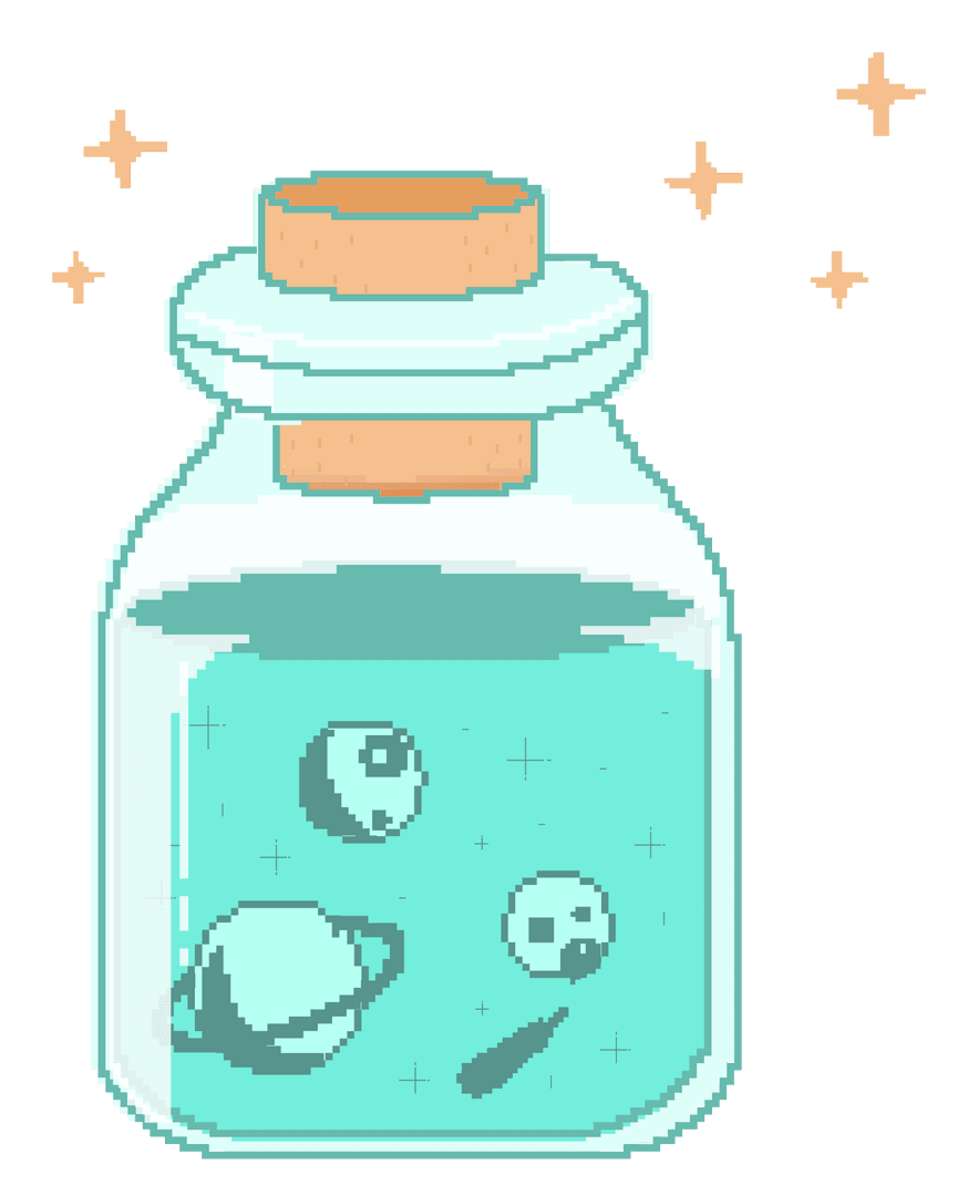 Pixel Art Cosmic Scene in Glowing Transparent Jar