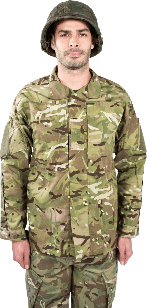Confident Transparent Soldier Portrait in Camouflage Uniform