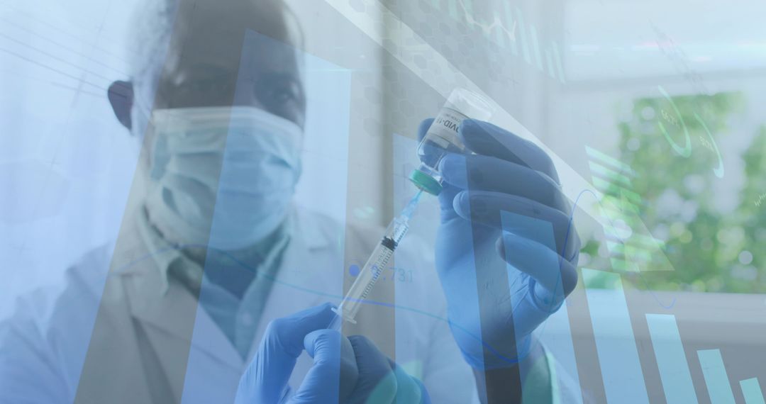 Healthcare Professional Preparing Vaccine with Data Overlay for Research