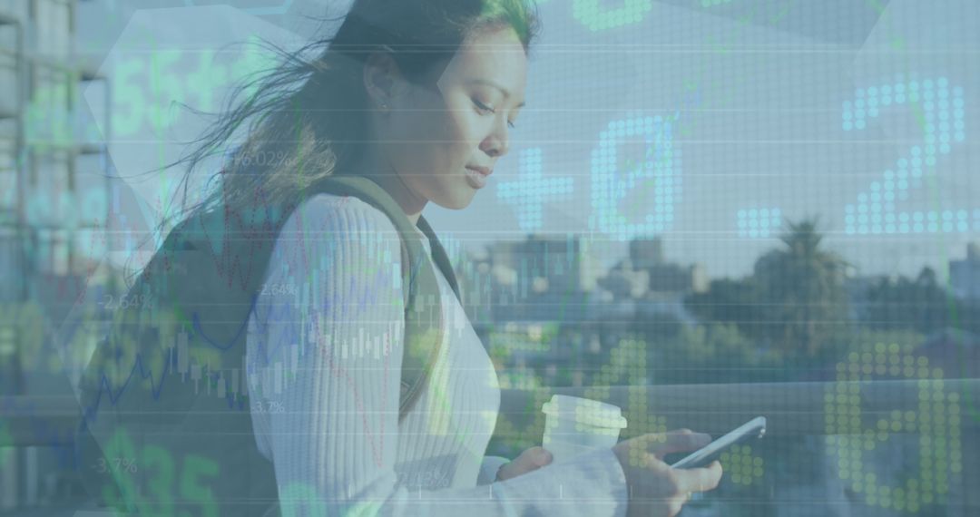 Stock Market Data Integration with Businesswoman in Urban Setting
