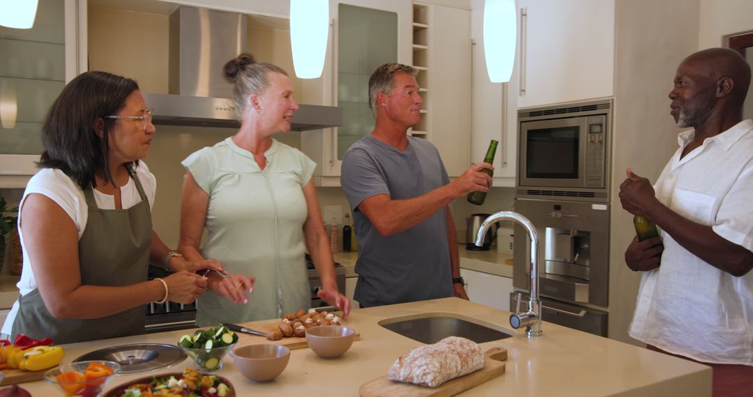 Diverse Group Socializing and Preparing Food in Modern Kitchen