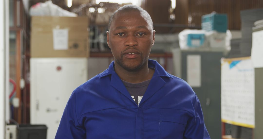 Warehouse Worker in Blue Uniform Smiling at Camera