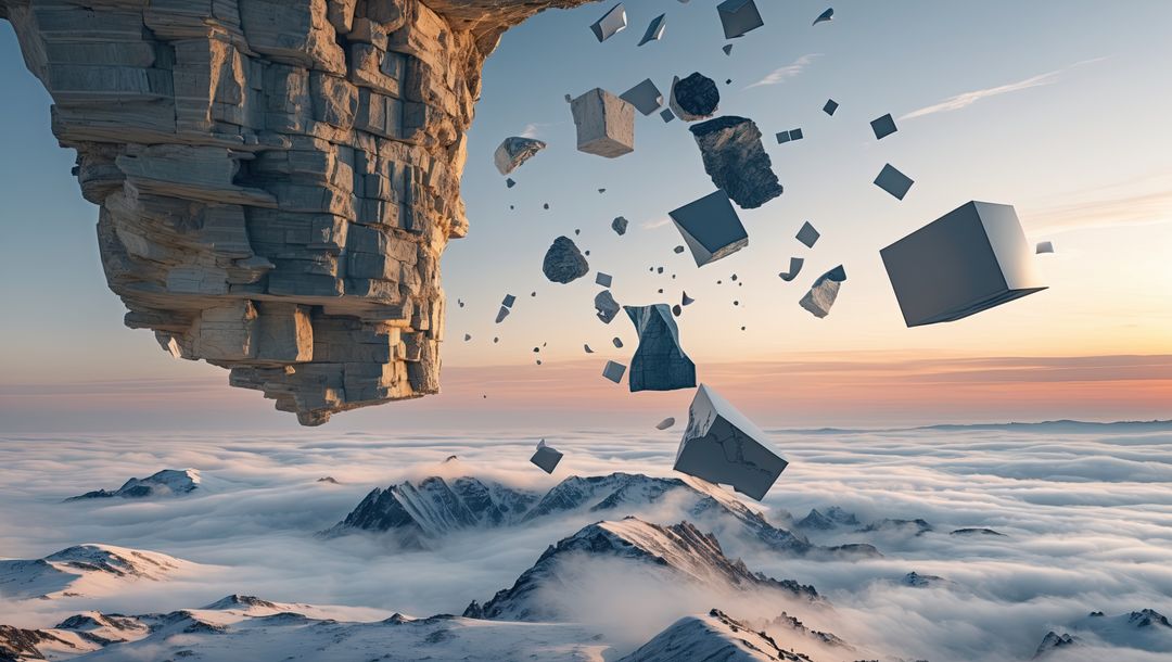 Surreal Floating Rock Formation and Debris Above Cloudscape
