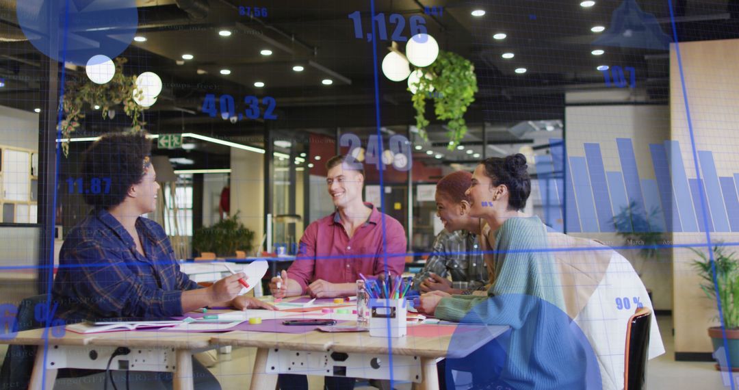 Diverse Team Collaborates with Technology Interface in Modern Office