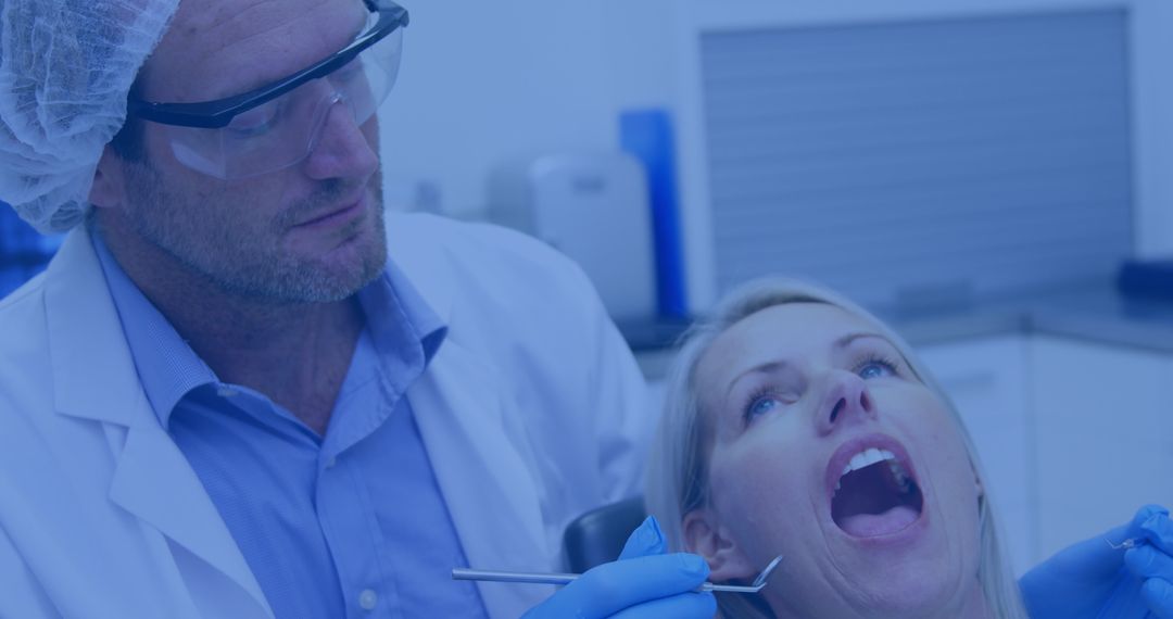 Dentist Treating Patient in Clinic Setting with Futuristic Design Overlay