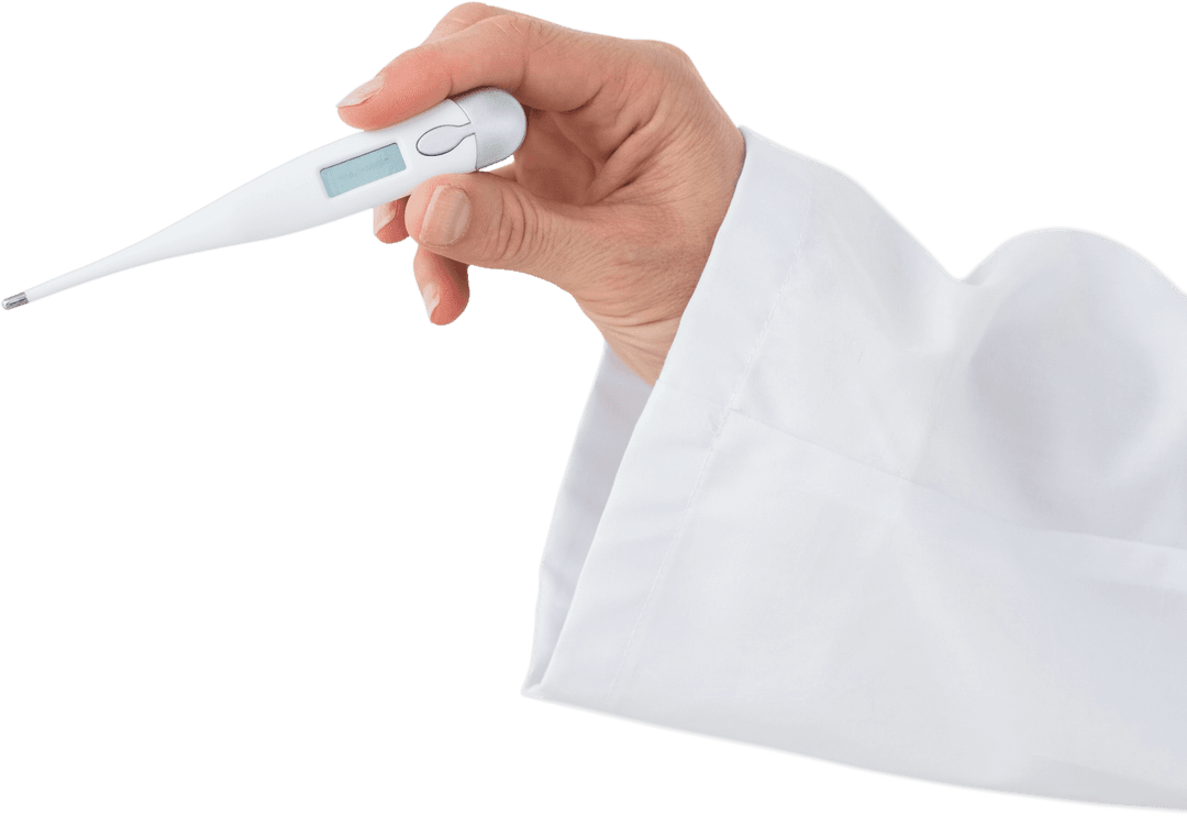 Doctor's Hand Holding Digital Thermometer on Transparent Background
