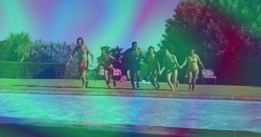 Group of Friends Joyfully Leaping into Backyard Pool on Vacation