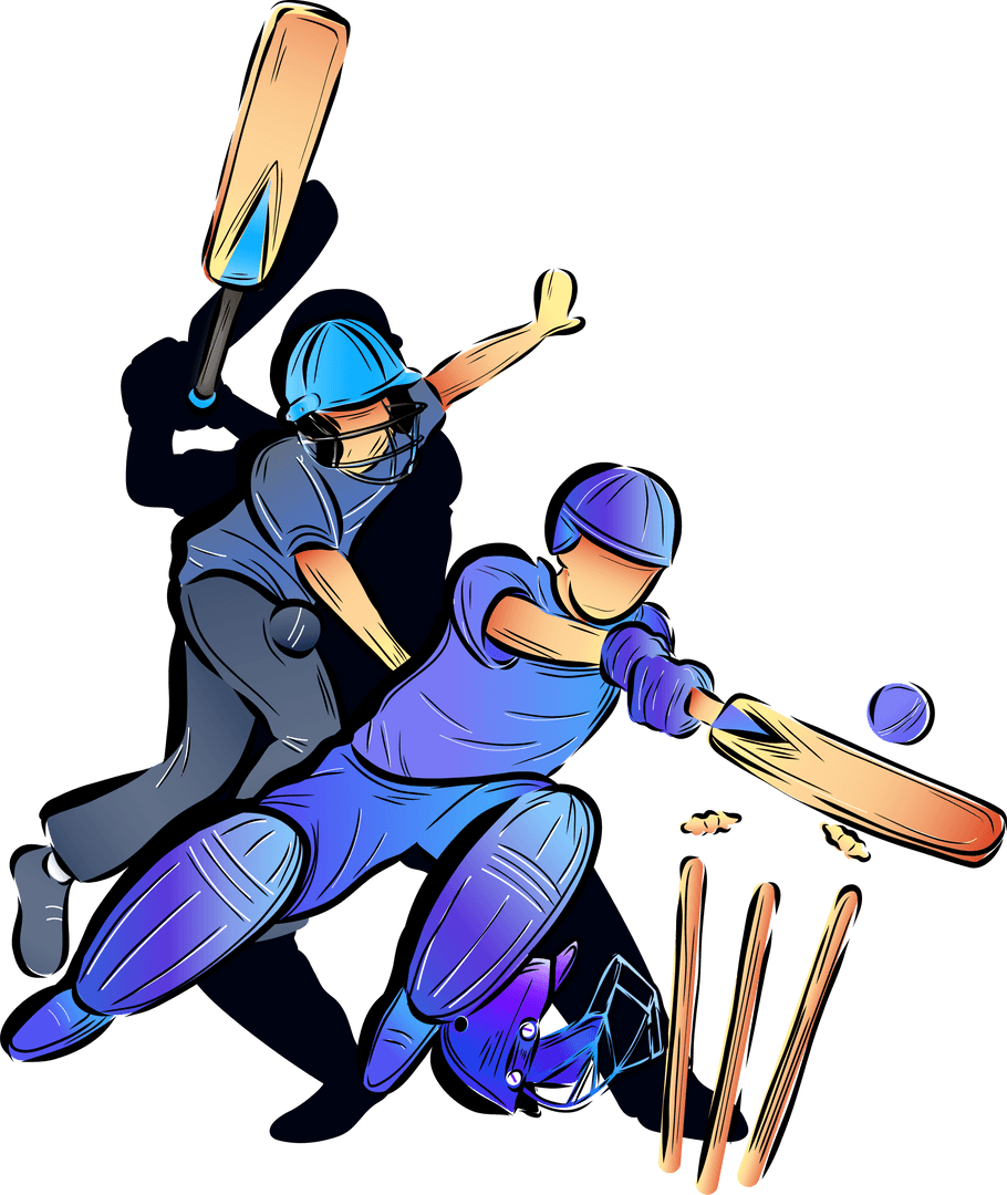 Stylized Cricketers in Dynamic Batting Poses on Transparent Background