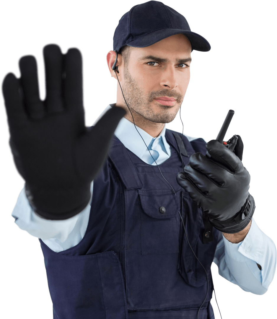 Confident Security Officer Making Stop Gesture, Transparent Background